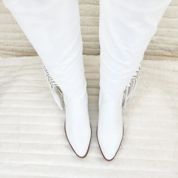 Wild One White Fringe Cowboy Cowgirl Boots Plus Plus size Friendly - Picture 6 of 13